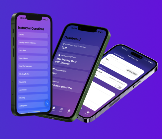 Instructor Questions and CPD Tracker app screens shown on three iPhones